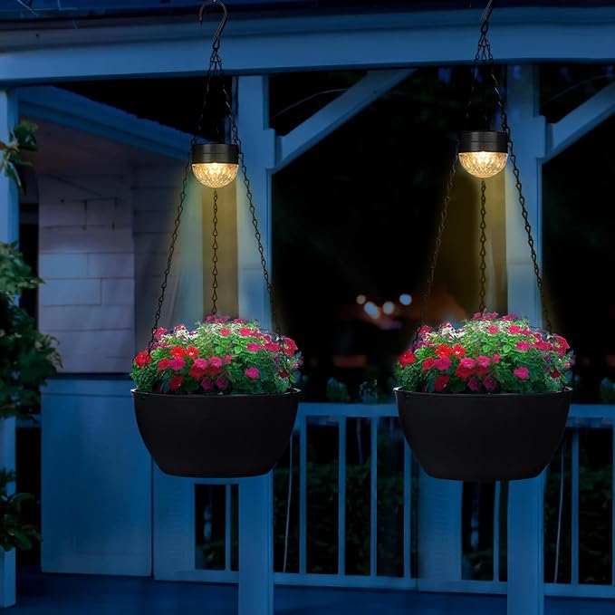 SUNNYPARK 2 Packs Hanging Planters Basket for Outdoor Plants, Solar Powered Self Watering Black Round Plastic Flower Pots with Drainer for Balcony Patio Garden Outdoor Decoration
