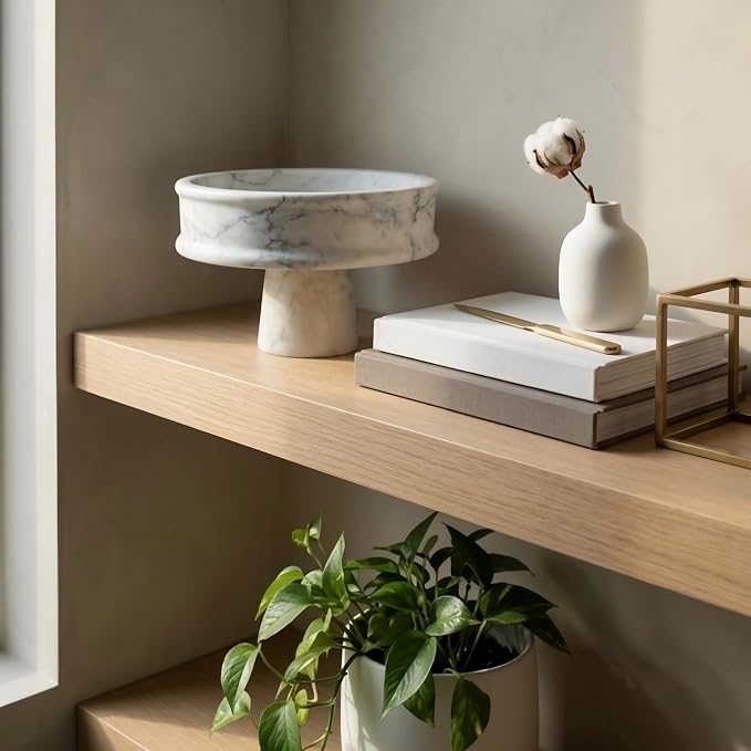 Marble Fruit Bowl for Kitchen Counter, 10" Handcrafted Natural Stone Decorative Bowl, Catch-All Key Dish, Dining Table Centerpiece, Pedestal Bowl, & Housewarming Gift (White Marble)