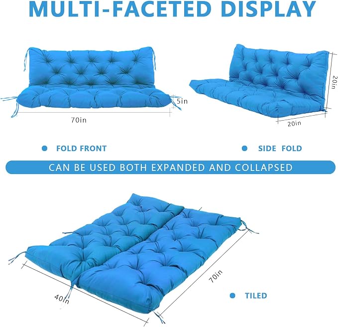 Porch Swing Cushion Waterproof Thicken 5" Peacock Blue 2-3 Seat 70 ×40" Replacement Swing Cushions with Backrest and Ties for Patio Backyard Porch Garden
