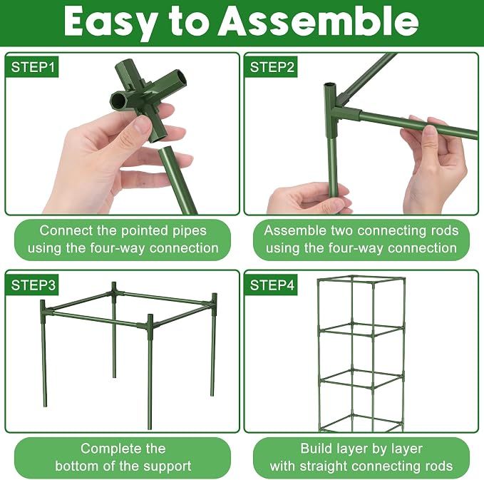 14.5" W x 53" H Tomato Cage for Garden, 3 Pack Square Tomato Trellis Plant Support Frame with 50 Pcs Plant Clips, Suitable for Climbing Vegetables, Flowers, and Fruits