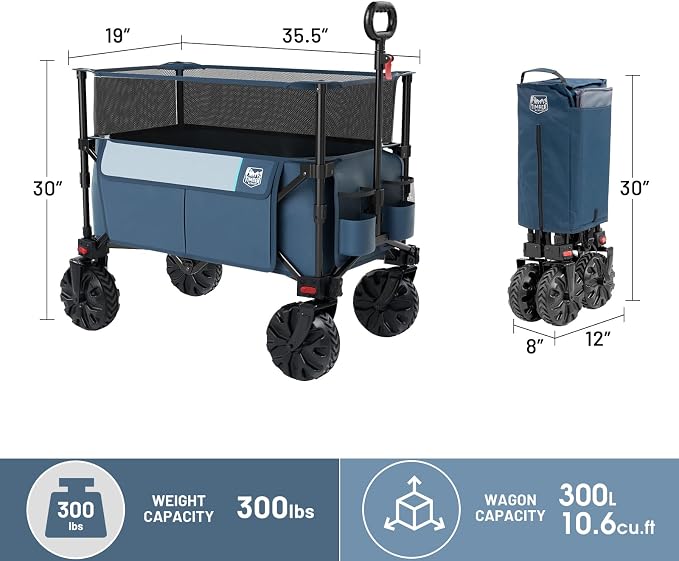 Timber Ridge Foldable Wagon 350L Extendable Height, Large Capasity Collapsible Wagon Cart with All Terrians Detachable Wheels, Compact Folding Utility Wagon for Camping, Fishing, Shopping Grey