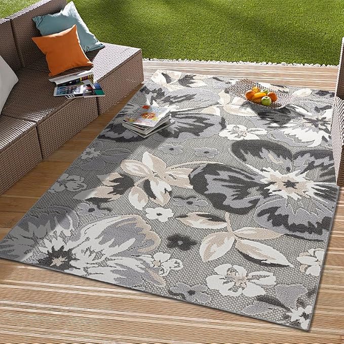 Rugshop Bergamo Contemporary Floral Non-Shedding Easy Cleaning Patio Deck Backyard Indoor/Outdoor Area Rug 8' 8" X 12' Gray
