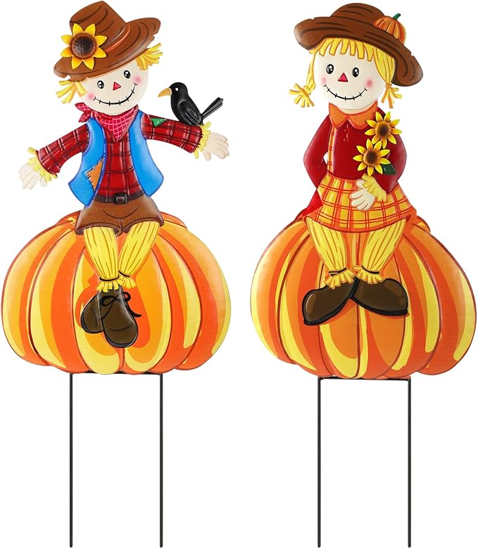 2 Pcs Fall Yard Signs Scarecrow Decorations Outdoor, 30"H Metal Thanksgiving Fall Yard Stakes Scarecrow Lawn Decor, Fall Garden Stakes for Patio Pathway Autumn Harvest Outside Decorations (Sitting)