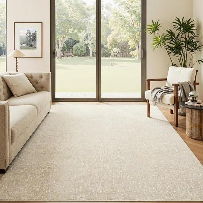 Garvee Modern 5x7 Living Room Rug Solid Color Washable Area Rugs, Beige | Rubber Backing Neutral Textured Non Shedding Stain Resistant Low Pile Foldable Soft Rug for Bedroom Nursery Entryway