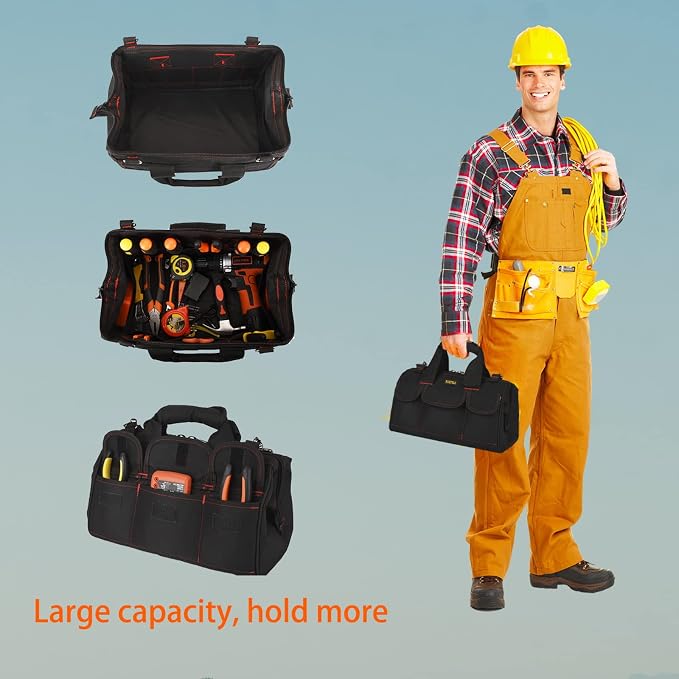FASTECH 20-inch Heavy Duty Tools Bag with Wide Mouth for Tool Storage, Carrier and Organizer, Tote Bag for Men, Wide Mouth Tote Bag With Inside Pockets (20 Inch)