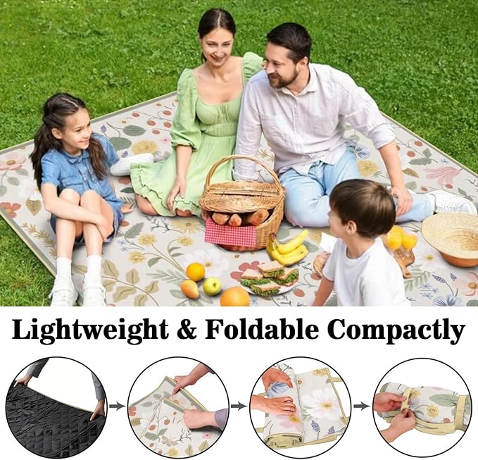 Picnic Blankets Waterproof Foldable Extra Large,80"x 80" Outdoor Beach Blanket Sandproof,3-Layer Lightweight Handy Mat Tote Picnic Camping Rugs for Outside Your Rv (Boho Strawberry Floral)