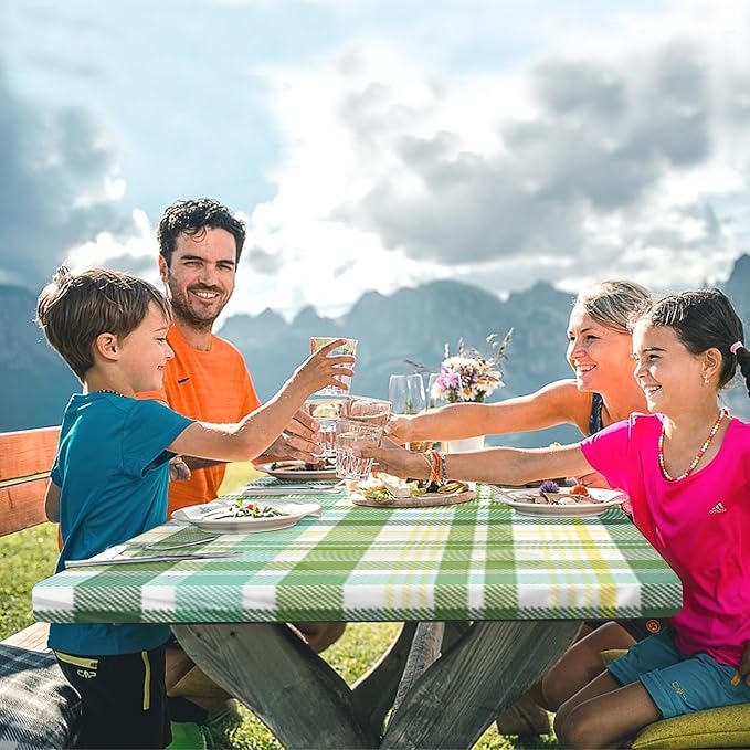 Picnic Table Cover with Bench Covers Elastic Edges, Green Camper Fitted Table Cover, Outdoor Patio Camping Essentials 72 Inch 3PCS, Waterproof Camping Fitted Tablecloth with Drawstring Bag