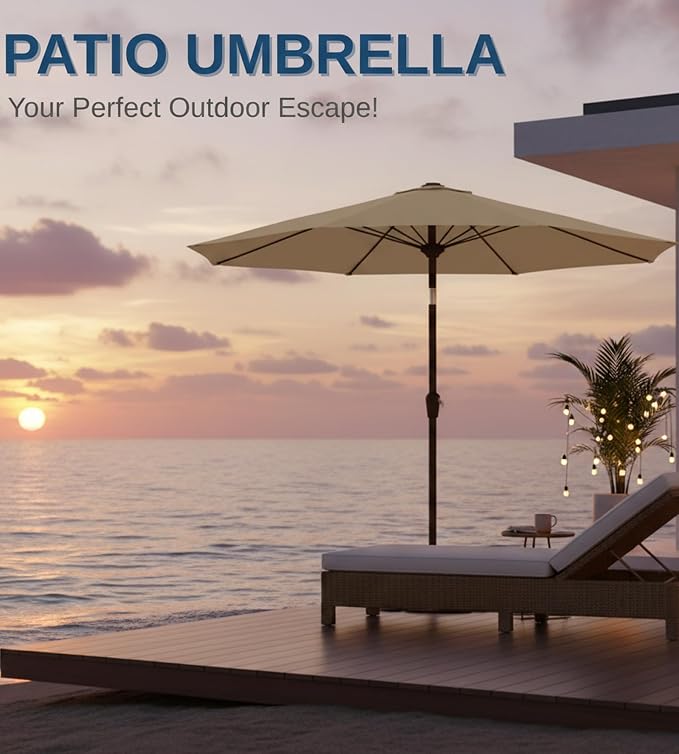 9FT Auto-Tilt Patio Umbrella|Outdoor Market Table Umbrella with 8 Fiberglass Ribs for Pool,Deck&Backyard