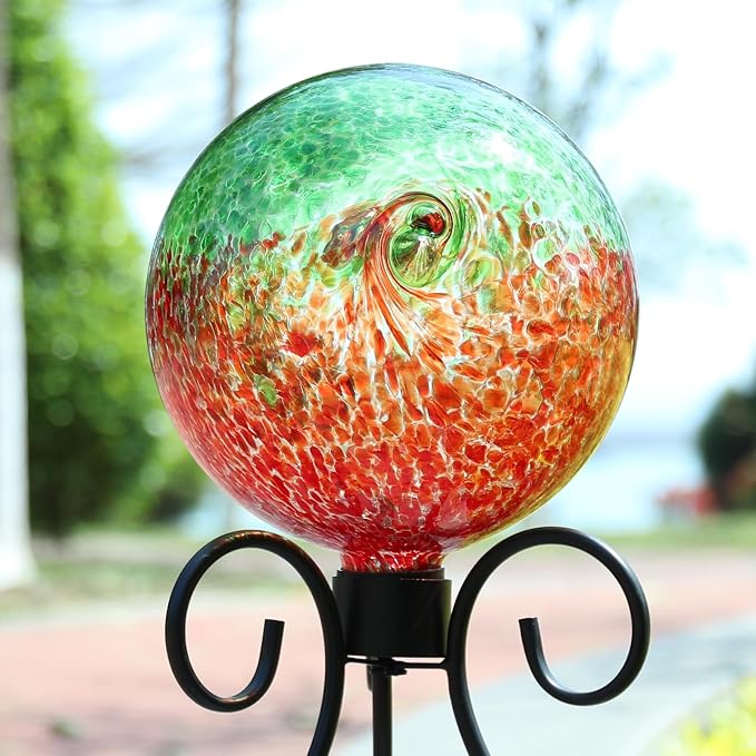 VCUTEKA Gazing Ball, Glass Gazing Balls Garden Globe Outdoor Decor 10" Red | Handcrafted red swirl glass gazing balls that creates elegant garden focal point in any outdoor landscape yard decorative
