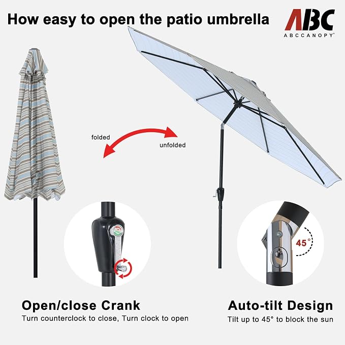 ABCCANOPY 10FT Patio Umbrella, Outdoor Waterproof Table Umbrella with Push Button Tilt and Crank, 8 Ribs UV Protection Pool Umbrella for Garden, Lawn, Deck & Backyard(Khaki Gray Stripes)