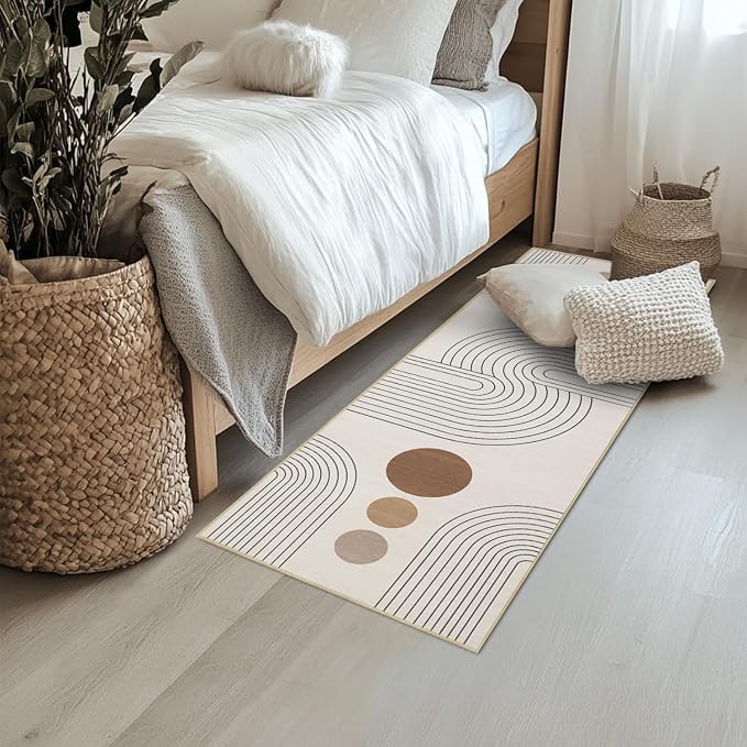 Boho Runner Rug 2x6 Modern Geometric Abstract Rug for Hallway Kitchen Bedroom Neutral Beige Mid Century Modern Runner Machine Washable Non-Slip Printed Low-Pile Long Floor Carpet for Bathroom Laundry