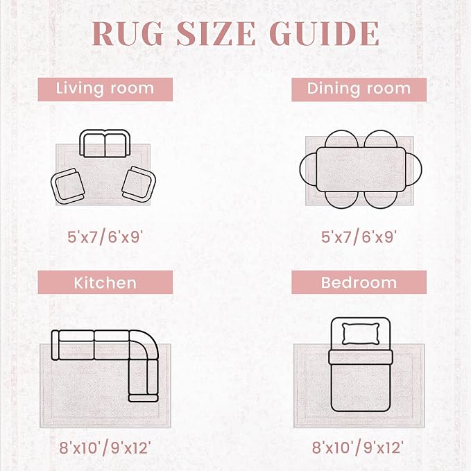 6x9 Area Rugs for Living Room: Washable Vintage Floral Rug Low Pile Non-Slip Boho Carpet for Nursery Bedroom Dining Room (Pink, 6'x9')