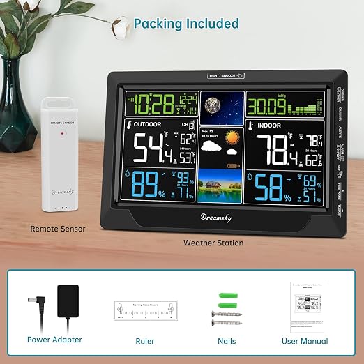 DreamSky Weather Station Indoor Outdoor Thermometer Wireless for Home | Digital Atomic Clock, Large Display with Dimmer, Inside Outside Temperature Humidity Monitor, Auto DST (Plug-in)