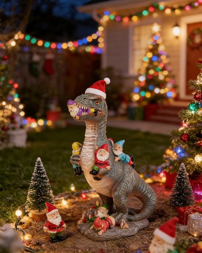 12-Inch Dinosaur Garden Gnome Statue, Outdoor Garden Decor | Funny Patio and Lawn Decoration, Gardening Gift for Women and Housewarming Present