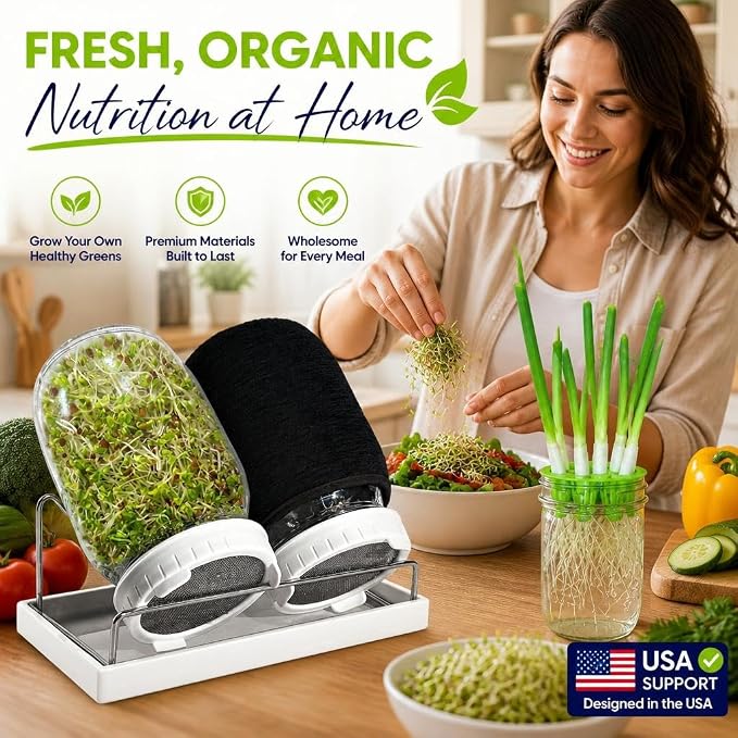 Sprouting Jar Kit - 2 Wide-Mouth Mason Jars with Stand and Sprout Lids | Green onion regrower, sprout lids and drain tray for growing broccoli, alfalfa and mung bean sprouts