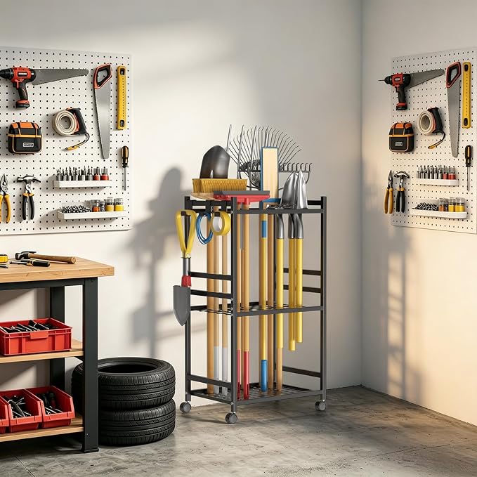 Garden Tool Organizer with Wheels, Heavy-Duty Yard Tool Rack with 3 Side Hooks, Holds Up to 40 Long-Handled Tools, Metal Garage Tool Storage for Lawn & Outdoor Organization