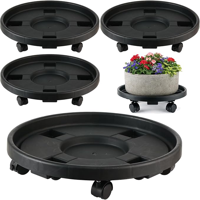 4-pack 16" Extra-large Plant Caddy with Wheels Plastic Plant Dolly with Locking Caster Flower Pot Mover Rollers Wheeled Rolling Plant Stands Round Plant Saucer Indoor Outdoor Base Coasters Black