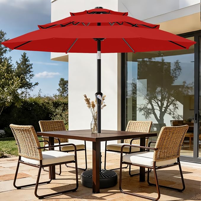 AreShark 9ft 3-Tier Patio Umbrellas, Outdoor Umbrella with 8 Sturdy Ribs UV Protection Windproof, Market Table Umbrella w/Push Button Tilt & Crank for Pool, Porch, Deck, Garden(Red)