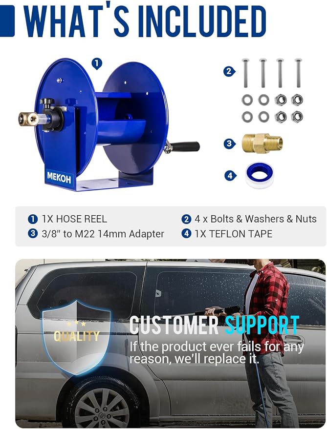 MEKOH Pressure Washer Hose Reel 100FTx3/8”, 200FTx1/4” Manual Power Washer Hose Reel with M22 14mm Fitting,4500PSI Heavy Duty Hose Reel for Water,High Pressure Metal Reel with Wall/Van/Trailer Mount