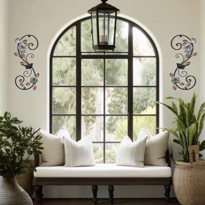 Birminwind 3D Metal Flower Wall Art: 2pcs Vintage Floral Wall Décor with Leaves Bird for Room - 15.16" Black and Gold Iron Decoration Indoor Outdoor