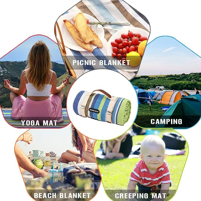 G GOOD GAIN Waterproof Picnic Blanket Portable with Carry Strap for Beach Mat or Family Outdoor Camping Party (Sky Blue)