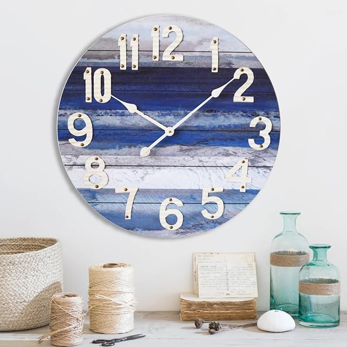 24 Inch Large Beach Blue Wall Clock, Silent Non-Ticking Battery Operated Wall Clock, Rustic Vintage Beach Coastal Wall Decor, Farmhouse Wall Clocks for Living Room, Kitchen, Bedroom