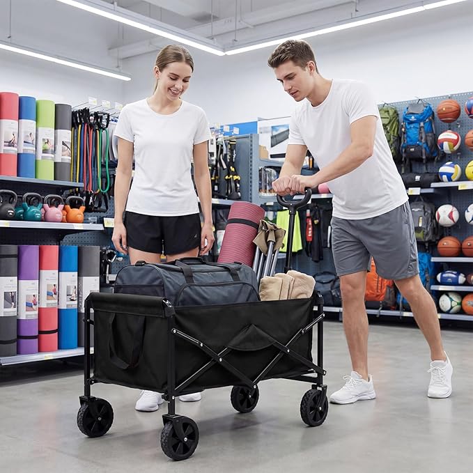 OLIXIS Collapsible Wagon 67L Compact Lightweight Utility Folding Wagon Cart with Wheels – 220 lbs Weight Capacity, Flexible Handle for Beach, Grocery, Camping, Shopping, Sports & Garden, Black