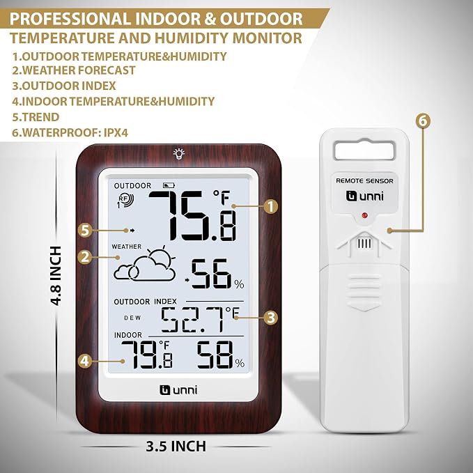 Indoor Outdoor Thermometer Wireless Weather Station, Temperature Humidity Monitor Battery Powered Inside Outside Thermometers with 330ft Range Remote Sensor and Backlight Display(Dark Wood)