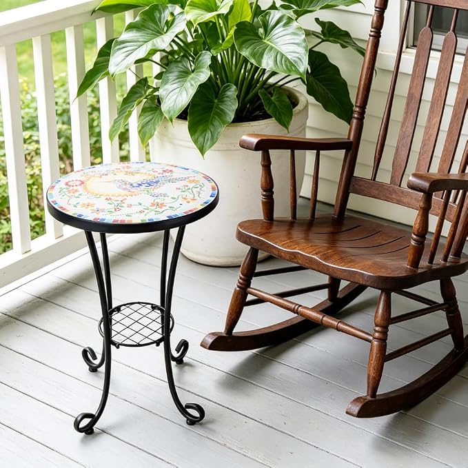 Mosaic Outdoor Side Table Small Round Patio Table Plant Stand | 21" Accent End Table with 14" Ceramic Tile Top for Small Spaces Porch Pool Garden Decor Indoor Living Room Bedroom Balcony