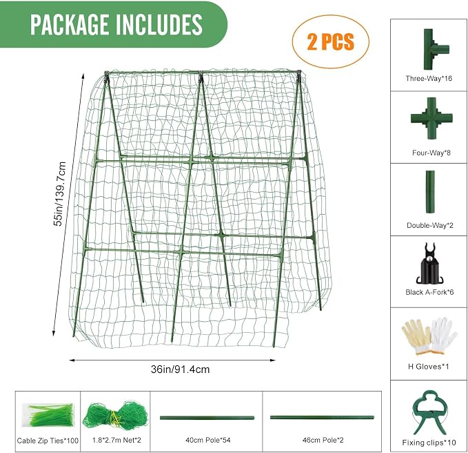 2PCS Cucumber Trellis for Climbing Plants Outdoor, Garden Trellis for Raised Bed Garden,Vegetable Grow Supports with Climbing Net for Tomato Bean Squash, Grape Zucchini (2PCS)