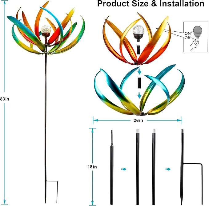 83" Large Solar Wind Spinner Outdoor - Metal Tulip Flower Sculpture with Multi-Color LED Glass Ball - Waterproof Kinetic Yard Art for Garden Lawn Patio, Mother’s Day Birthday Gardening Gifts