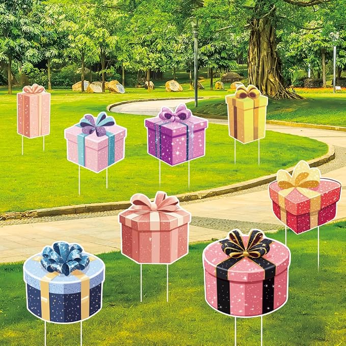 SUPERDANT 8Pcs Gift Boxes Yard Sign with 16 Stakes Gift Party Lawn Decorations Surprise Waterproof Sign for Outdoor Backyard Garden Birthday Decoration