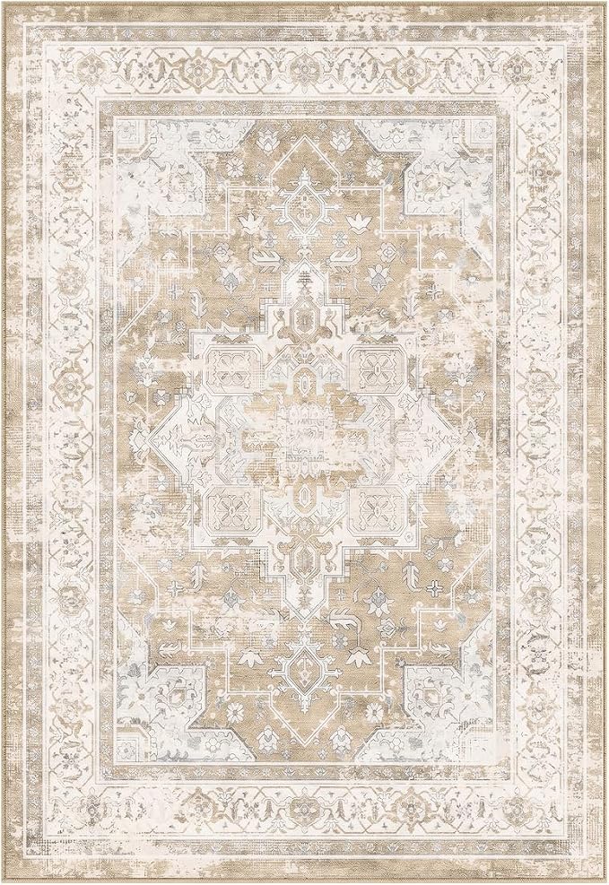 Vintage Area Rug 3x5 Ft Washable Rugs for Entryway Indoor | Beige Non Slip Kitchen Rug Printed Faux Wool Throw Rugs, Neutral Modern Indoor Mat for Entrance Bedroom Office Home Decor