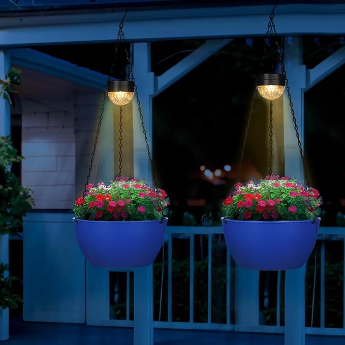SUNNYPARK 2 Packs Hanging Planters Basket for Outdoor Plants, Solar Powered Self Watering Blue Round Plastic Flower Pots with Drainer for Balcony Patio Garden Outdoor Decoration