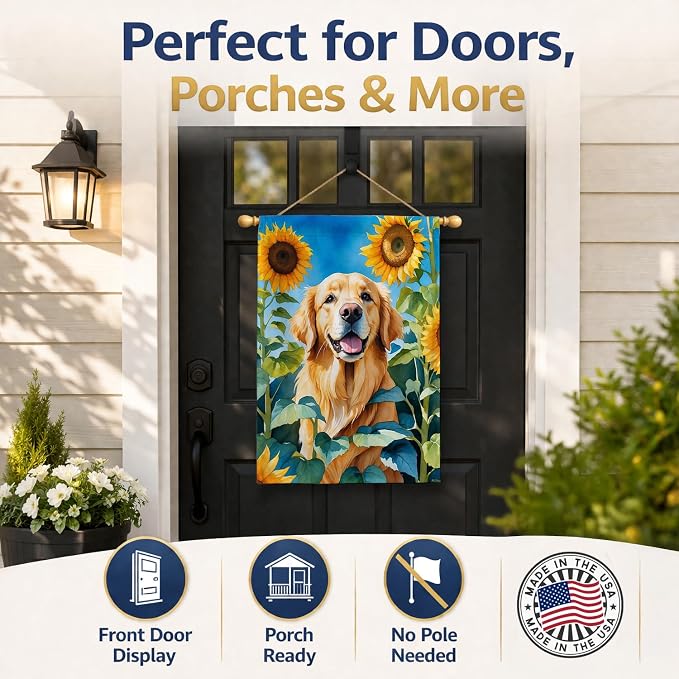 Caroline's Treasures DAC6088CHF Golden Retriever in Sunflowers House Flag Large Porch Sleeve Pole Decorative Outside Yard Banner Artwork Wall Hanging, Polyester, House Size, Multicolor