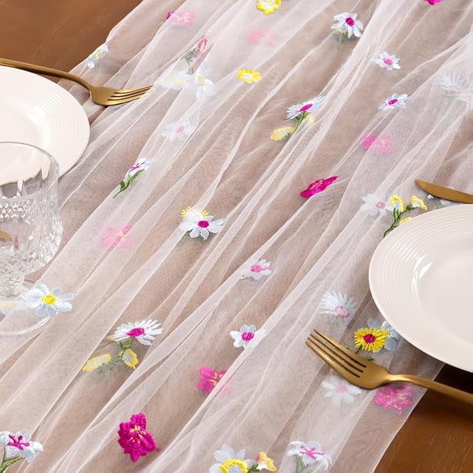 Socomi Flower Table Runner Summer Ivory White Daisy Floral Tulle Gauze Cheesecloth Embroidery Table Runners for Tea Party Garden Wedding Bridal Baby Shower Birthday Picnic Decor