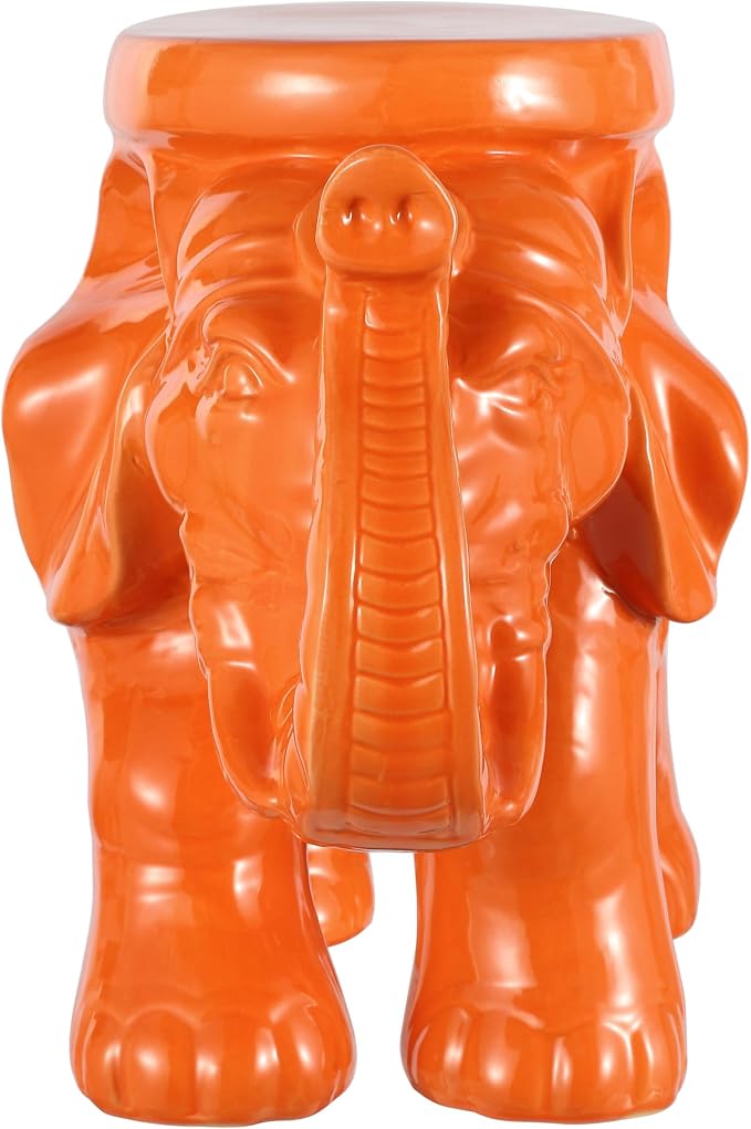 JONATHAN Y White Elephant 14.25" Glazed Ceramic Elephant Garden Stool, Weather-Resistant Indoor/Outdoor Patio Side Table and Plant Stand, Bohemian, Orange TBL1007C