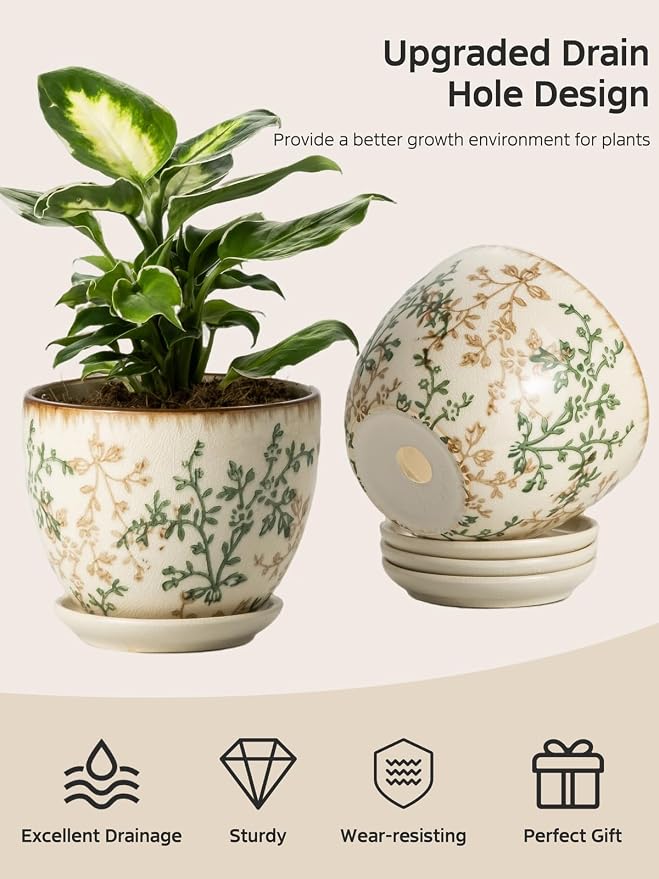 Retro Ceramic Garden Pots, 5.8 Inch Plant Pots with Drainage and Attached Saucer Set of 4, Chinoiserie Floral Large Flower Pots for Home Decor, Plant Lover Gifts, White Green
