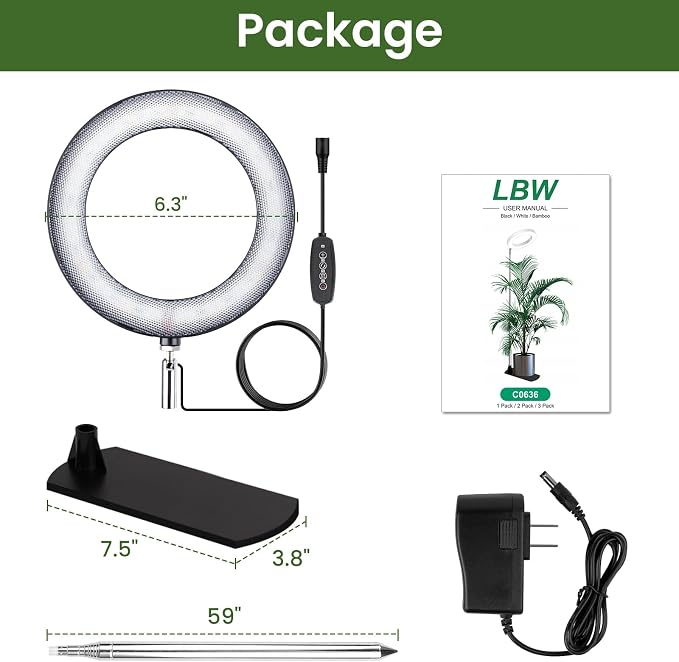 LBW Grow Lights for Indoor Plants, 6.3" Full Spectrum Plant Light with Base, 59" Height Adjustable Grow Lamp, 6/8/12/16H Auto Timer, 3 Light Color, 5 Dimmable Level, for Tall Large Plant, Black,1 pack