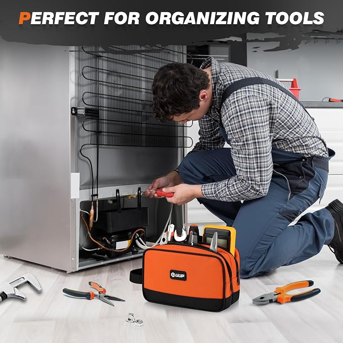 UUP 10 Inch Small Tool Bag, Zipper Tool Pouch Two Compartments Heavy Duty, Utility ToolBag with Carrying Handle, Tools Storage Organizer for Electrician Mechanic, Gift for Men Dad,Orange