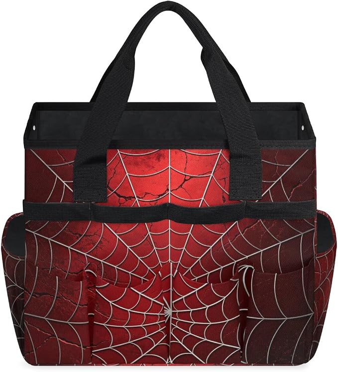 Gardening Tool Bag,Heavy Duty Garden Tote Bag,Portable Oxford Gardening Storage Basket Organizer Handbag with Pockets Handle,Hand Tools Gifts for Outdoor Garden Lawn Spiders Web Red