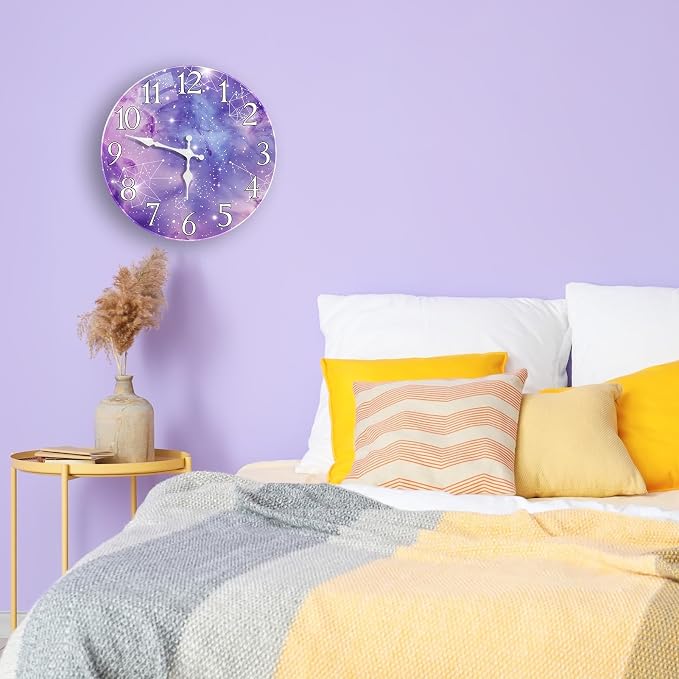 Britimes Round Purple Wall Clock Silent Non-Ticking Battery Operated Glass Decorative Outdoor Waterproof Clock 12 Inch, Galaxy Constellation Home Decor for Living Room, Kitchen, Bathroom, and Bedroom