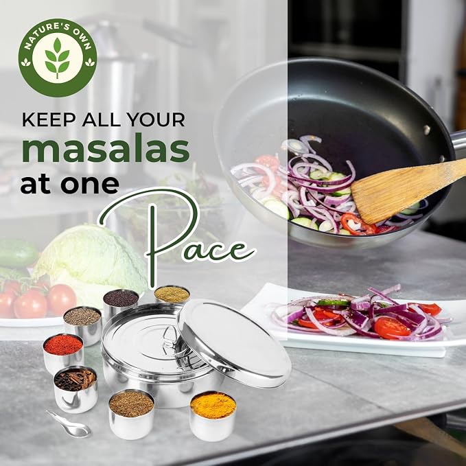 Nature's Own Masala Dabba - 7 Compartments, Stainless Steel Spice Box, Indian Masala Dabba with 7 Spice Containers, Size 8.66 x 8.66 x 3 Inches
