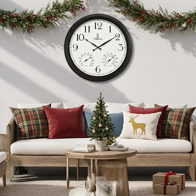 24 inch Outdoor Clocks for Patio Large Waterproof with Thermometer - Black Outdoor Wall Clock with Temperature and Humidity Combo - Weatherproof, Accurate & Easy to Read for Pool, Garden & Home Decor