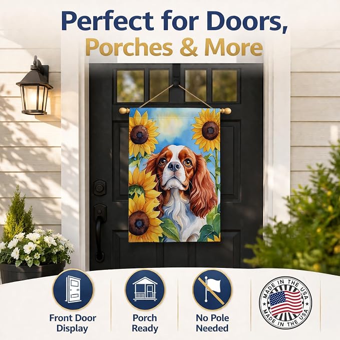 Caroline's Treasures DAC6047CHF Cavalier Spaniel in Sunflowers House Flag Large Porch Sleeve Pole Decorative Outside Yard Banner Artwork Wall Hanging, Polyester, House Size, Multicolor