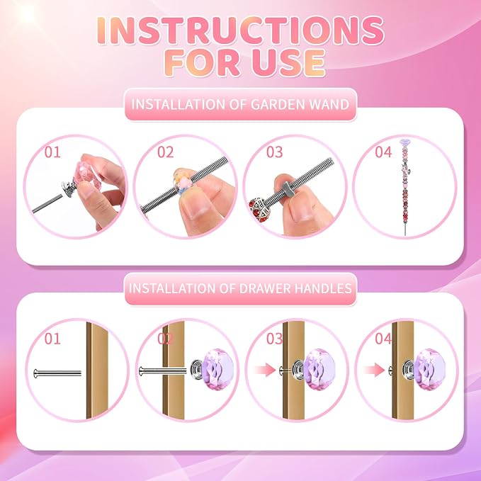 AIPRIDY DIY Crystal Beaded Fairy Wand Garden Stakes Kit, Colorful Decorative Wands with Assembly Guide, 12 or 10 Inch Threaded Rods,Outdoor Garden Decoration Set (174, Pink+Rose+Red+White+Diamond Top)
