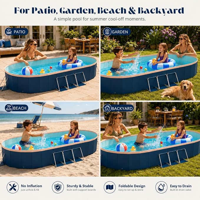 10 ft Foldable Non-Inflatable Swimming Pool, 118.11 x 86.61 x 19.69 in, Blue PVC Backyard Pool with Aluminum Alloy Triangle Supports for 2 Adults and 4 Children