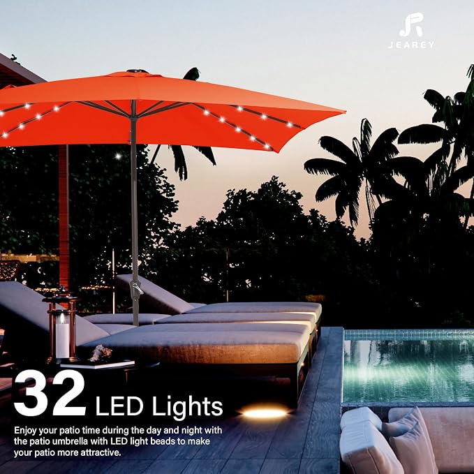 JEAREY 8x10 ft Rectangular LED Lighted Patio Umbrellas Outdoor Solar Table Market Umbrella w/Crank, 8 Sturdy Ribs, UV Protection Waterproof Sunproof(Orange)