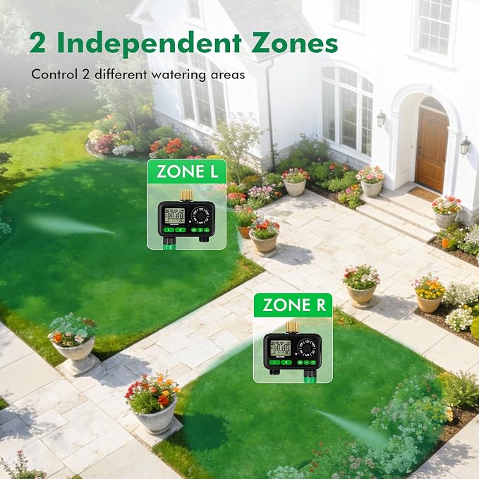 RESTMO 2-Zone Programmable Sprinkler Timer for Outdoor Hose Faucet | Large dial, rain delay & 11h59m max run time with Brass Inlet, automatic irrigation for garden soaker hose & lawn watering