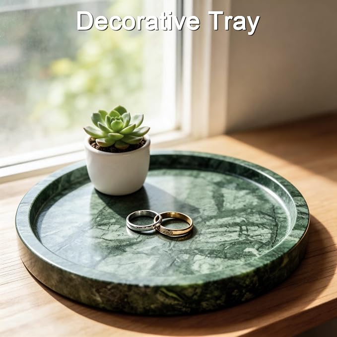 Natural Marble Tray, 9.45" x 0.99" Round Marble Vanity Tray, Marble Ring Dish for Bathroom, Jewelry Tray, Coffee Table,Sink Storage Holder Organizer, Bedside Table,Home Decor,Green (NS055)